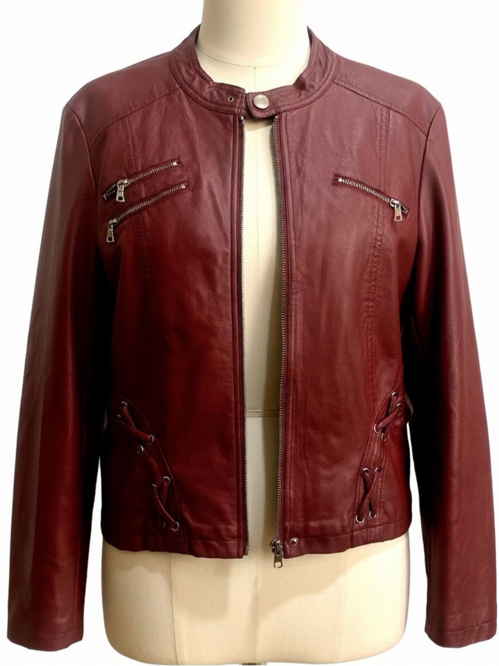 SKYPlus Red Faux Leather Moto Biker Jacket w Zip Pockets & Lace-Up Sides 2X (XL)